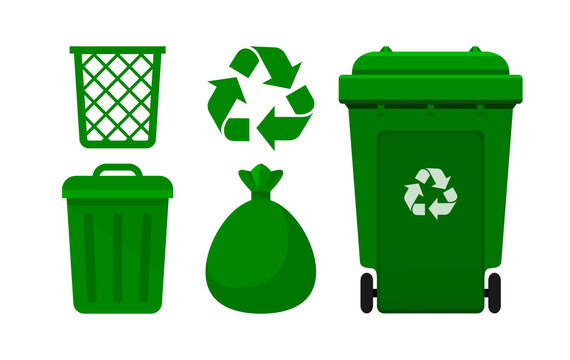 Green Bin Collection, Recycle Bin and Green Plastic Bags Waste isolated on white, Bins Green with Recycle Waste Symbol, Front view set of the Yellow Bins and Bag Plastic for Garbage waste, 3r Trash