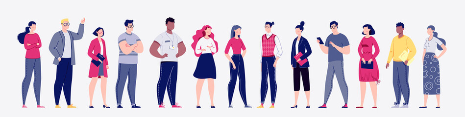 Obraz premium Business confident people flat vector illustration set. The concept of the various activities of men and women: students, scientists, politicians, businessmen. Caucasians, Africans.
