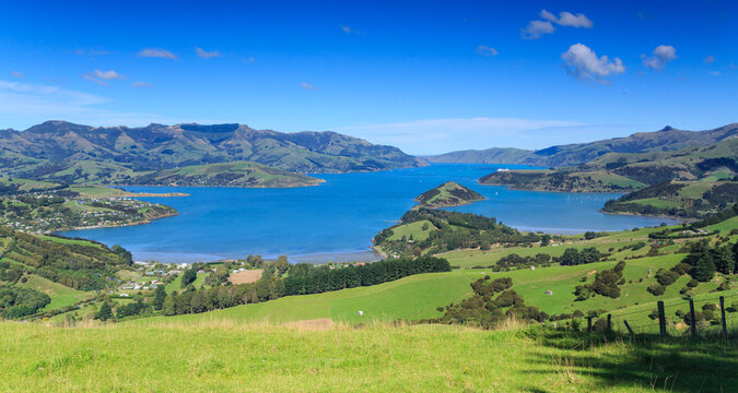 Panorama of Akaroa Harbour on Banks Peninsula, New Zealand