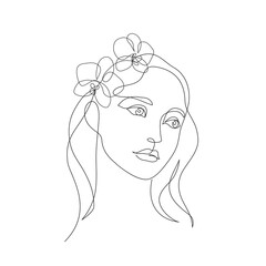 Beauty woman face with flowers one line drawing art. Abstract minimal portrait continuous line. Minimalist Orchids flowers in hair Vector illustration