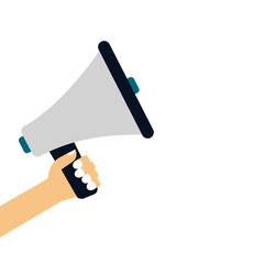 Vector illustration of a hand holding a megaphone. Information conveyed through loudspeakers.