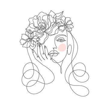 Beauty woman face with flowers one line drawing art. Abstract minimal portrait continuous line. Minimalist Orchids flowers in hair Vector illustration