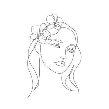 recommend clip art: Beauty woman face with flowers one line drawing art. Abstract minimal portrait continuous line. Minimalist Orchids flowers in hair Vector illustration