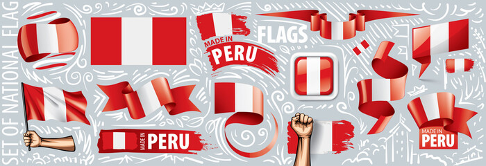 Vector set of the national flag of Peru in various creative designs - obrazy, fototapety, plakaty