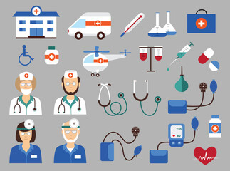 Large set of medical icons (vector illustration, flat concept)