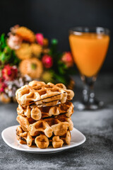 Belgian or french waffles for breakfast. Beautiful serve waffer cake with berries