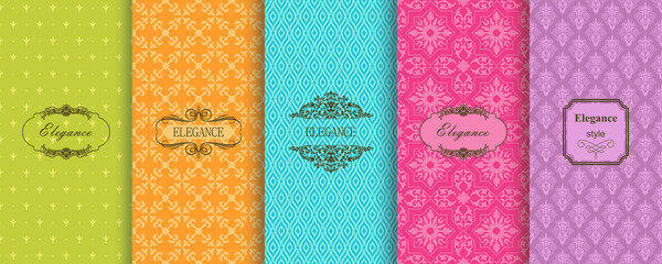 Set of Cute bright seamless patterns with frames. Seamless Damask pattern on vibrant background. Islam, Arabic, Indian, Ottoman motifs. Vector hand drawn illustration.