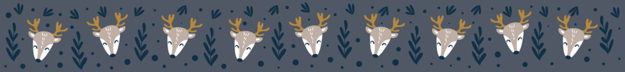 Long web banner with cute deer faces. Social media cover image. Flat vector illustration.
