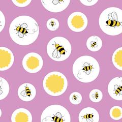 Bees, flowers and white circles seamless pattern on purple background