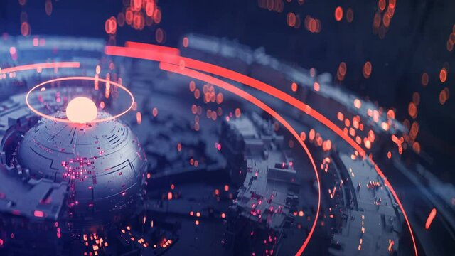 Futuristic technical construction is rotating. Science fiction mechanical concept. Seamless loop 3D render animation with DOF