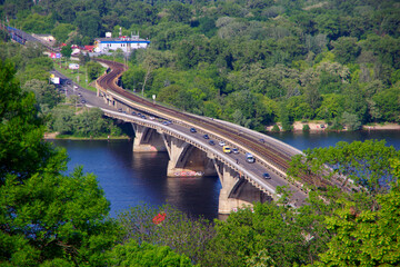 Kiev. Ukraine. 06.09.20. View of the bridge that connects two banks on the Dnieper River.