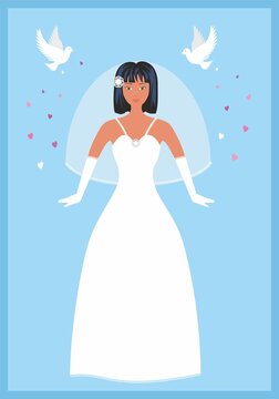 Bride in wedding dress, inspiration from fairy tail Cinderella. Concept with people with different orgin. Vector illustration.