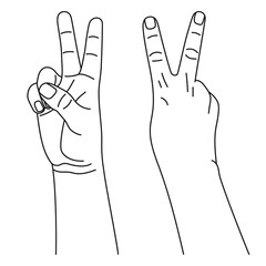 Number two, hand gesture in various sides view. Concept of finger counting on sign language. Vector illustration in outline style isolated on white background.