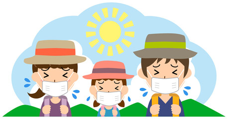 炎天下の暑さに苦しむマスクの親子