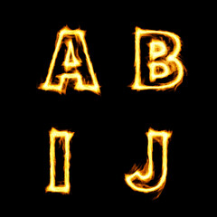 Fiery alphabet set isolated on dark background