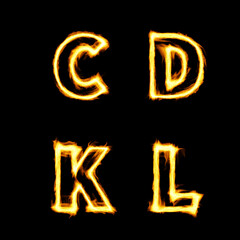 Fiery alphabet set isolated on dark background