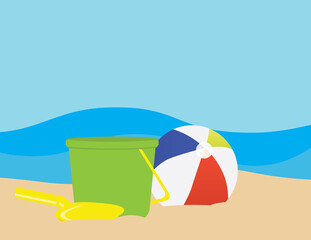 Flat illustration of Colorful beach ball, Green toy bucket and Yellow toy shovel on Brown sand, and Blue sea on the background