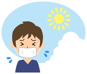 炎天下の暑さに苦しむマスクをした男性