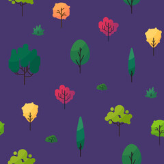 Vector seamless pattern with various trees and bushes, different shapes, colors and sizes on purple background.