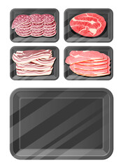 Meat sausage slice steak in black polystyrene packaging. Cut sausage slices with fat. Boiled smoked meat bacon ham. Gastronomic product of beef pork chicken. Pepperoni salami. Flat vector illustration