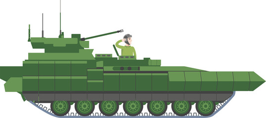 Military equipment. The latest modern Russian tank. Green tank T 15 of protective color isolated on a white background. The tankman salutes. Flat infographics in vector style.