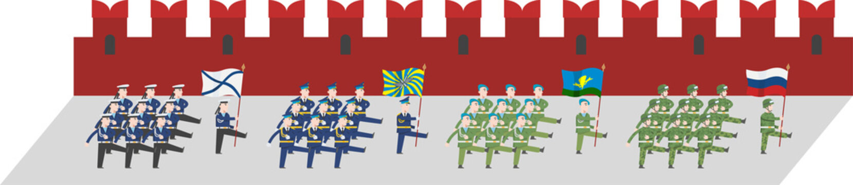 Military Parade On Victory Day. Soldiers, Paratroopers, Pilots, Sailors In Uniform Marching In Parades Against The Backdrop Of The Kremlin. Flat Infographics. Vector Illustration