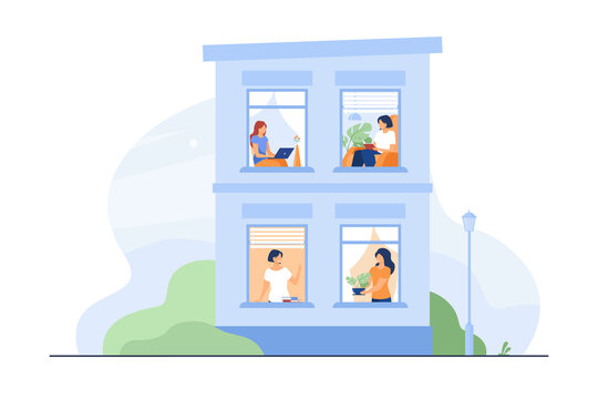Building exterior with open windows and people inside their apartment. Neighbor women greeting each other, using laptops, reading book. Vector illustration for staying at home, leisure concept