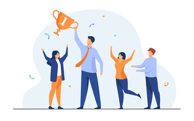 Fototapeta Teamwork and team success concept. Best employees winning cup, celebrating victory. Flat vector illustration for leadership and career achievement topics obraz
