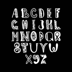 Decorative English alphabet. Black and white lettering.Letter. Vector handwritten script. White letters on chalkboard background. ABC Painted Letters. Modern Lettering. Painted Alphabet. Education. 