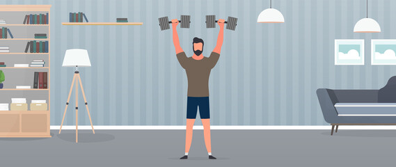 Guy with dumbbells at home. A man lifts dumbbells. Doing sports at home. The concept of sport and healthy lifestyle. Vector.