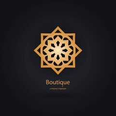 Luxury logotype in the shape of a flower for antique boutique. Gold logo, flower. Simple geometric sign. Icons, business, invitations. Volumetric golden big bud. Vintage. Islam, Arabic, Indian. Retro.