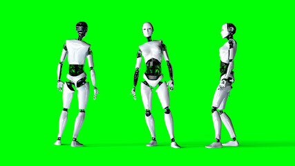 Futuristic humanoid female robot isolate on green screen. Realistic 3d rendering.