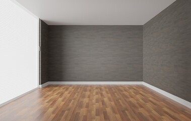 interior of empty room with wooden floor and gray wall, minimalist modern concept, 3d rendering