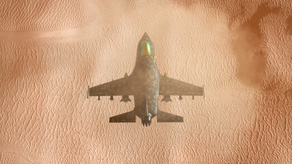 3D illustration of a fighter jet flying over desert