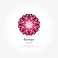 Beautiful circular logo for boutique, flower shop, business, interior. Company mark, emblem, element. Simple geometric mandala logotype. Kaleidoscope big bud. Surround abstract blossom in dark colors.