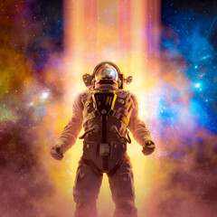Journey to the stars / 3D illustration of science fiction scene with heroic astronaut silhouetted against light beams in outer space © grandeduc
