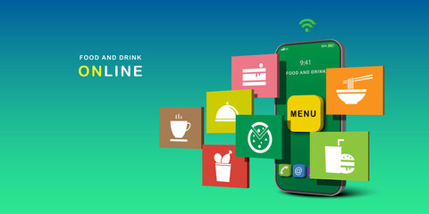 Ordering food and drink online on smartphone. foods and drink icon on mobile phone. Marketing online concept.