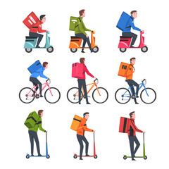 Delivery of Goods and Products Service, Male Couriers Riding Electric Kick Scooter, Motorcycle, Bicycle with Parcel Boxes Set, Fast Shipping Cartoon Vector Illustration