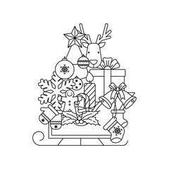 Christmas pattern in line style. Winter holiday symbol, new year card, design element for greetings or invitations. New Year poster, contour drawing for coloring.