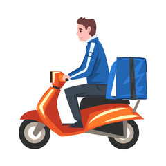 Delivery Man Riding Scooter Motorcycle with Blue Parcel Box on the Back, Delivery Food Service, Fast Shipping Cartoon Vector Illustration