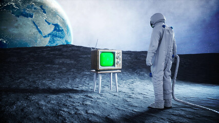 alone astronaut on the moon watch old TV. Tracking your content. 3d rendering. © 3D motion