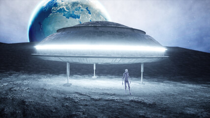 Naklejka na ściany i meble Flying saucer with alien on moon. UFO concept. Realistic metal shaders. 3d rendering.