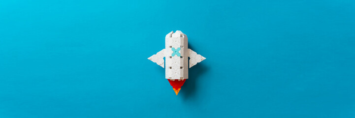 Launch of a rocket made of plastic blocks. ...