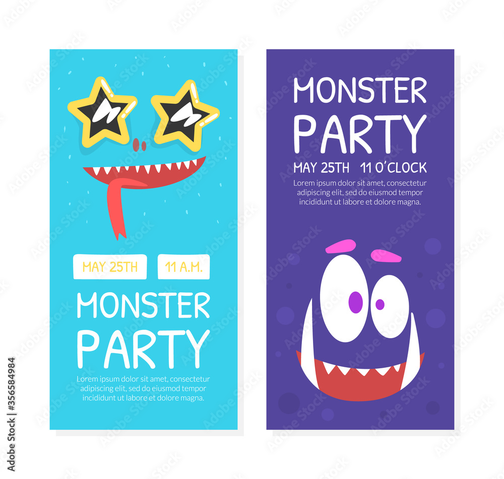 Sticker Monster Party Invitation Cards Templates Set, Halloween Celebration Banner, Poster with Cute Funny Monsters Vector Illustration