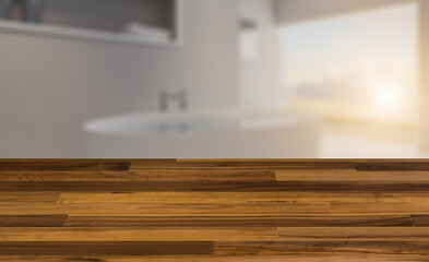 blurred interior on a wooden table background.Scandinavian bathroom, classic  vintage interior design. 3D rendering.. Sunset.