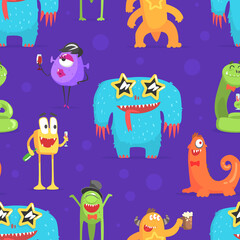 Cute Funny Monsters Characters Seamless Pattern, Cheerful Friendly Fantastic Creatures, Design Element Can Be Used for Wallpaper, Packaging, Background Vector Illustration