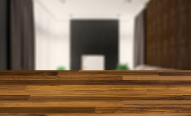 blurred interior on a wooden table background.living room. white leather sofa. big windows. walls made of wood panels.. 3D rendering