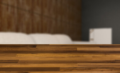 blurred interior on a wooden table background.living room. white leather sofa. big windows. walls made of wood panels.. 3D rendering