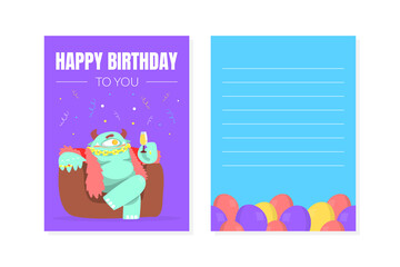 Happy Birthday Greeting Card with Funny Colorful Monsters, Paper for Notes, Notebook, Diary, Organizer Design Element Vector Illustration
