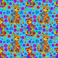 Obraz premium Seamless pattern with bright cats and flowers in stained glass style on a blue background